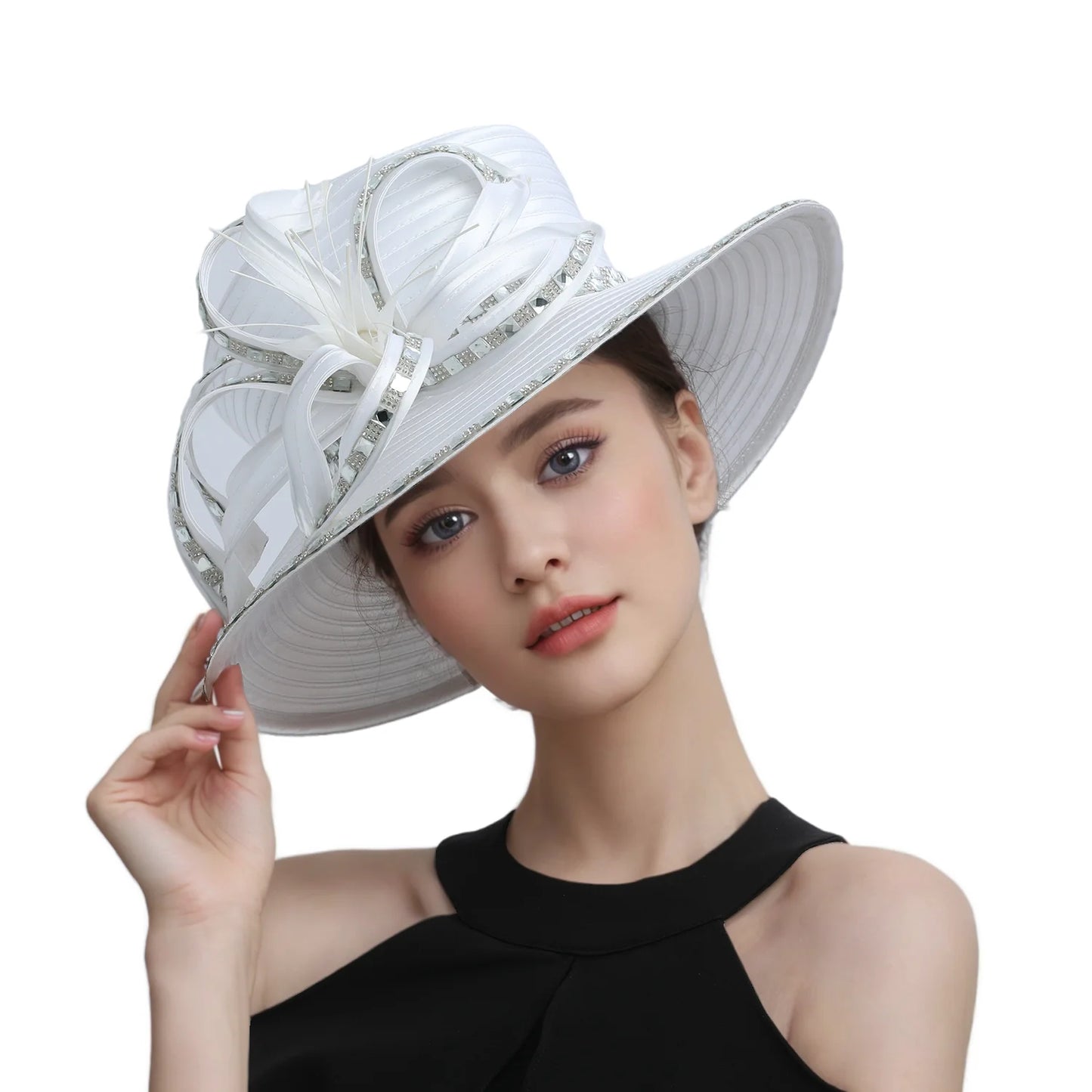 Deluxe White Church Hat β Elegant Satin Party & Banquet Hat with Chains & Flowers, Perfect for Formal Events & Photography