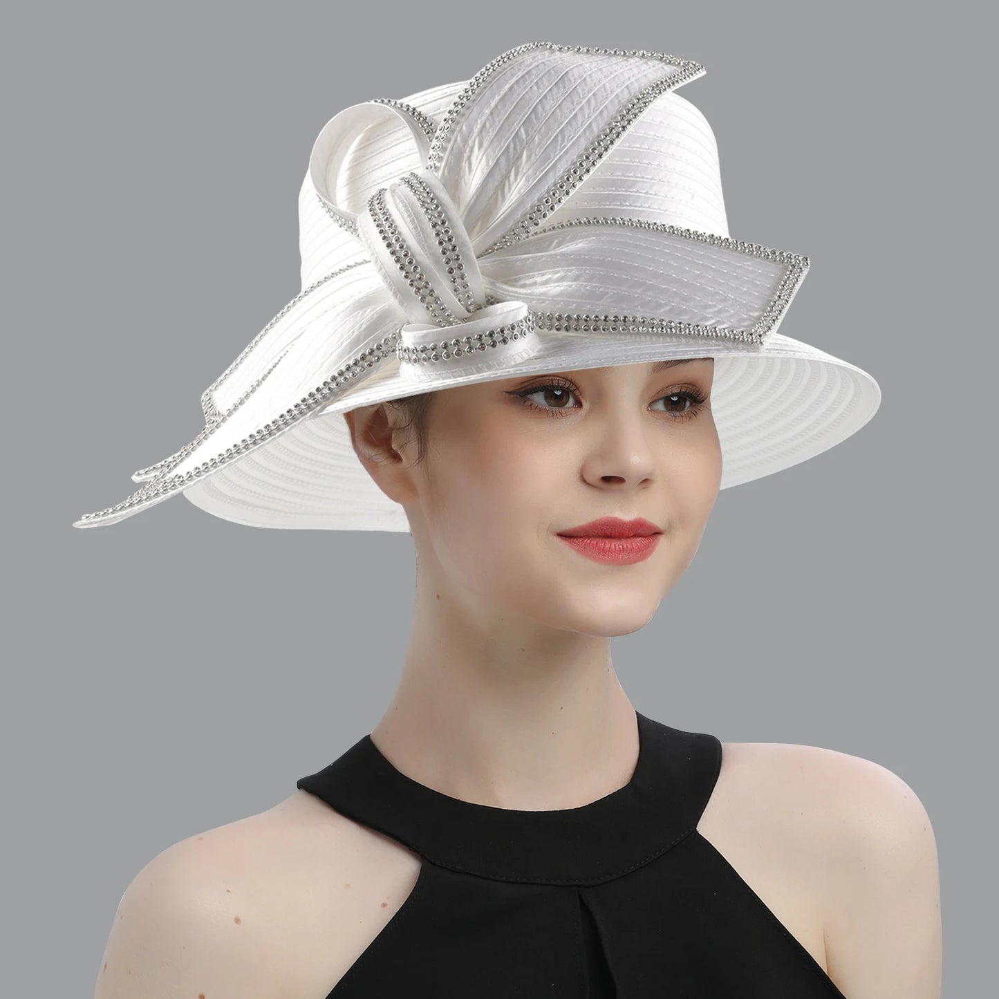 Deluxe White Church Hat β Elegant Satin Party & Banquet Hat with Chains & Flowers, Perfect for Formal Events & Photography