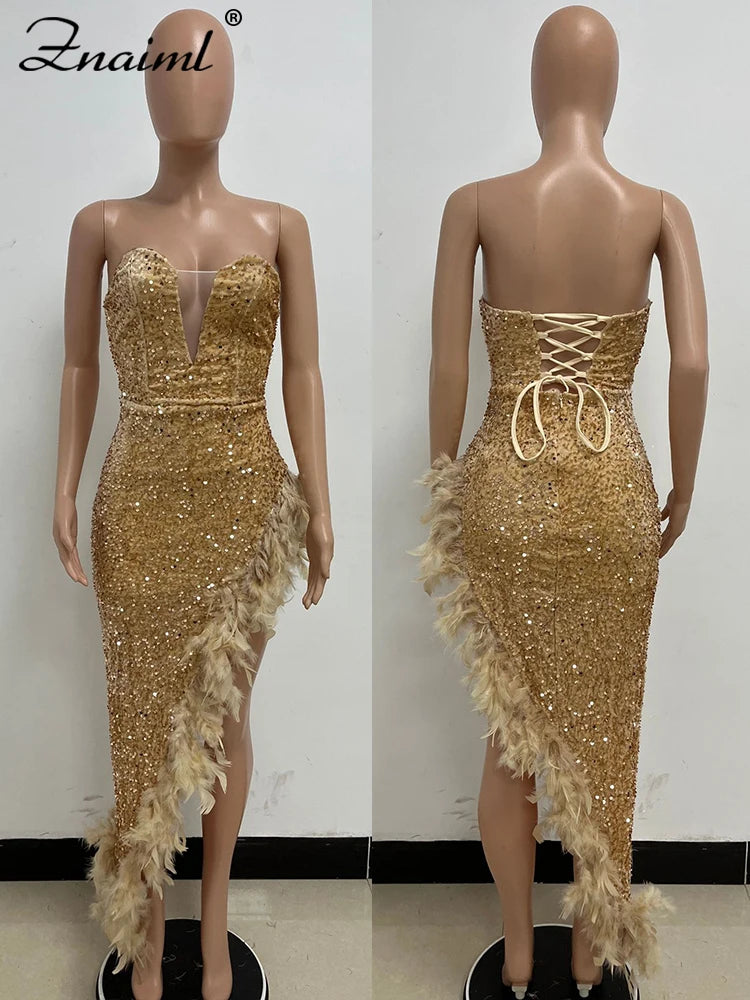 Elegant Feathers High Split Birthday Party Glitter Sequins Maxi Dress Women Night Club Wedding Evening Prom Dresses Robe