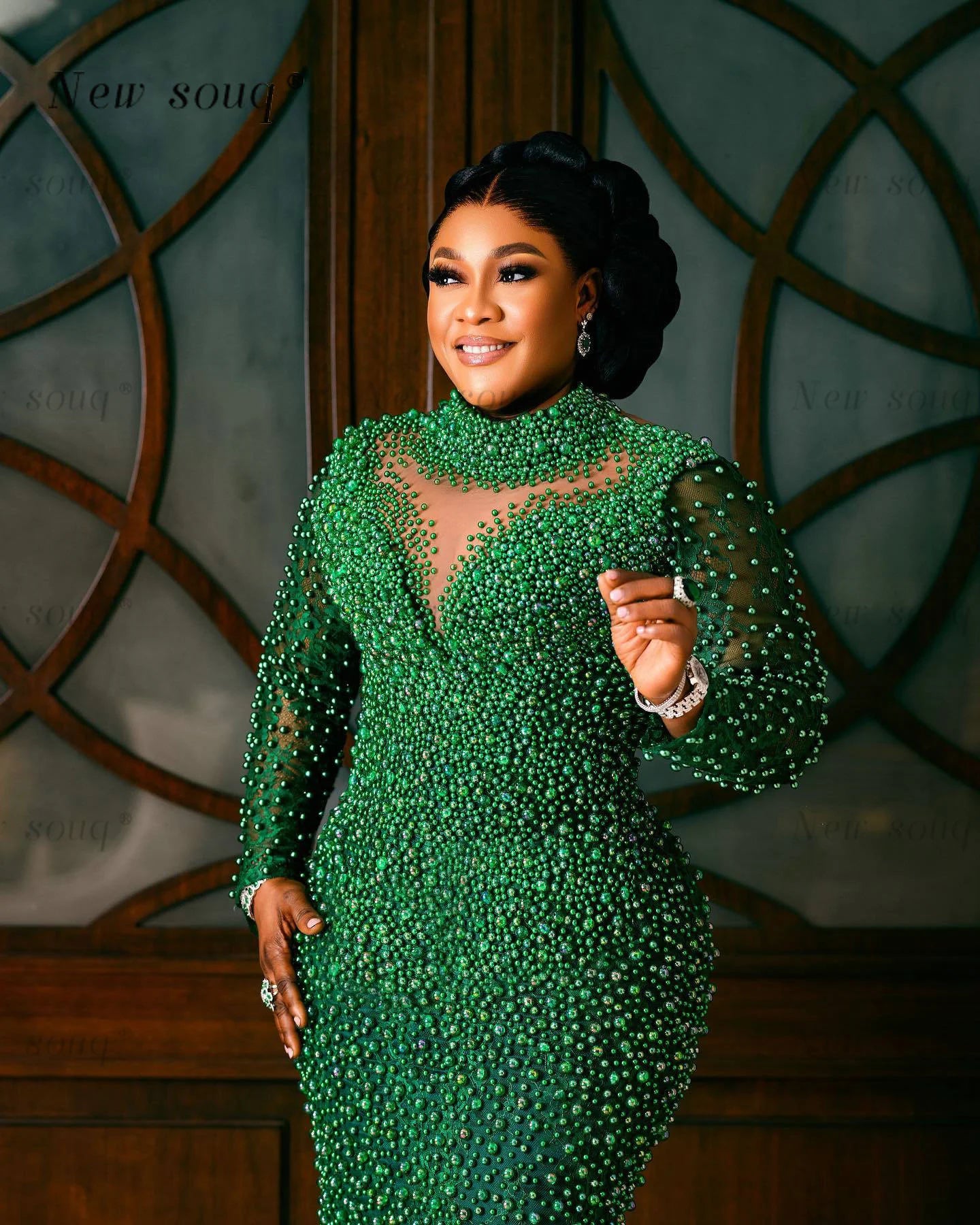 Nigeria Plus Size Green Pearls Beaded Long Sleeves Dress, Mermaid Evening Dress, Custom Made, Mother of Bride's Gowns, Formal Party Wear