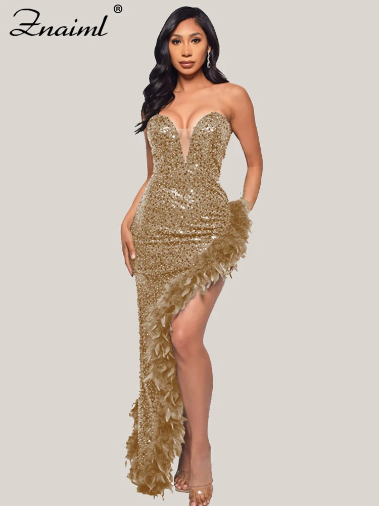 Elegant Feathers High Split Birthday Party Glitter Sequins Maxi Dress Women Night Club Wedding Evening Prom Dresses Robe