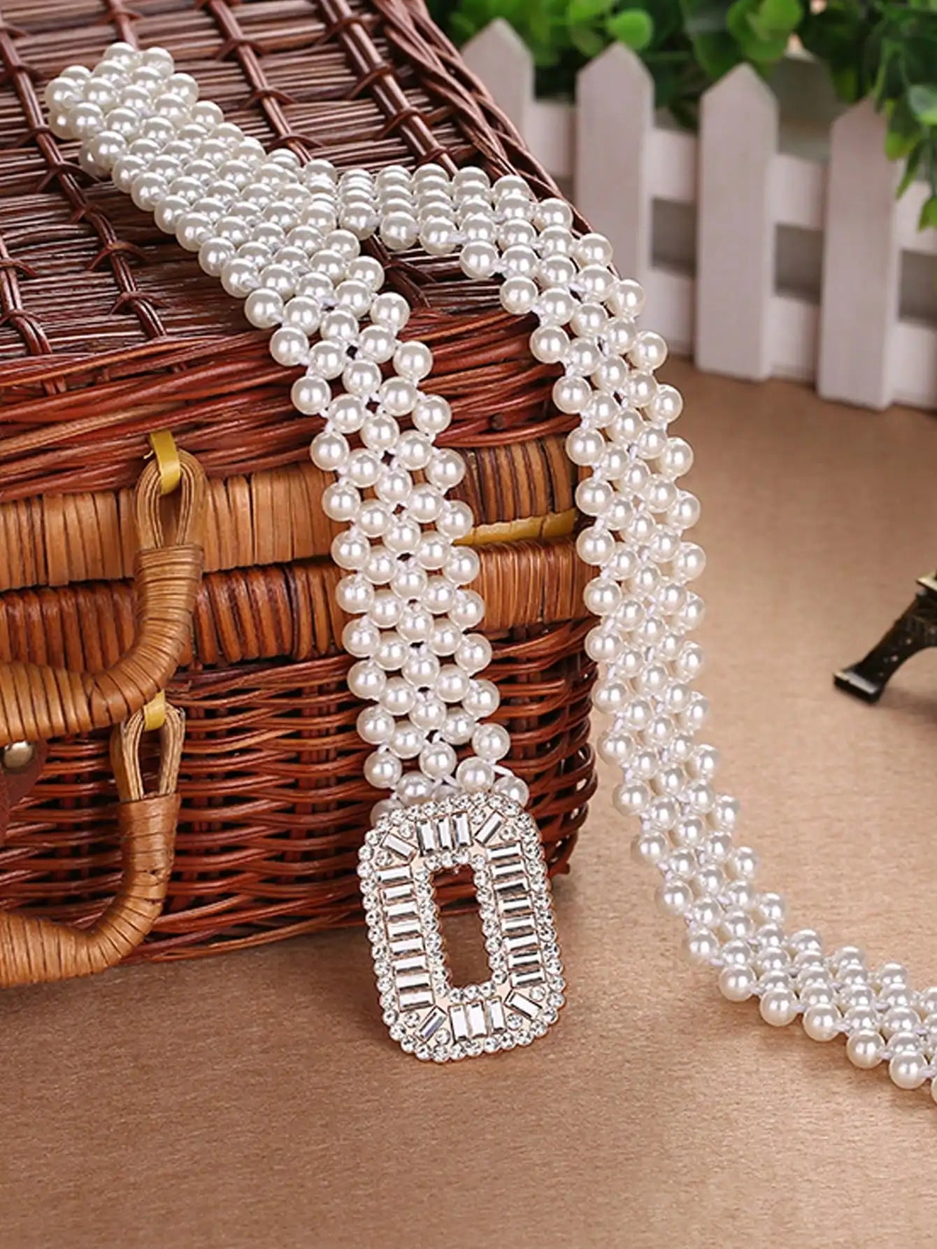 1pc Women's Elastic Waist Belt With Gold Buckle And Five Rows Of Faux Pearls, Sweet And Fashionable