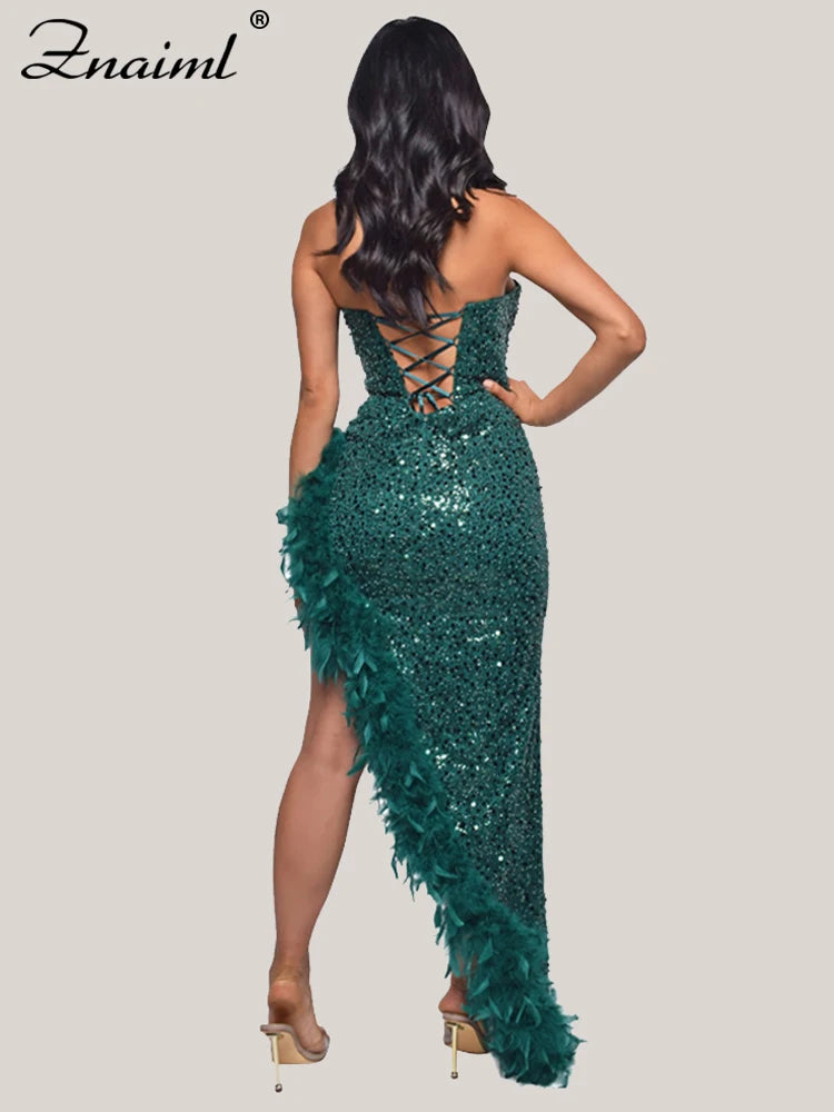 Elegant Feathers High Split Birthday Party Glitter Sequins Maxi Dress Women Night Club Wedding Evening Prom Dresses Robe
