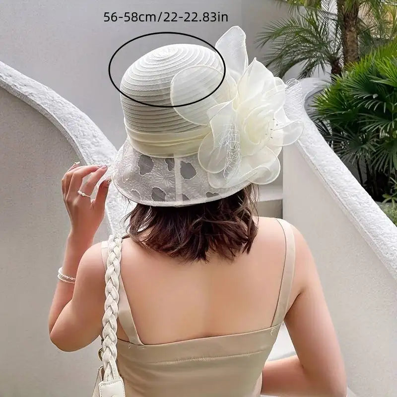 Elegant Ladies’ Lace Flower Bow Wide Brim Organza Hat – UV 50+ Sun Protection Derby Hat for Weddings, Tea Parties & Summer Events