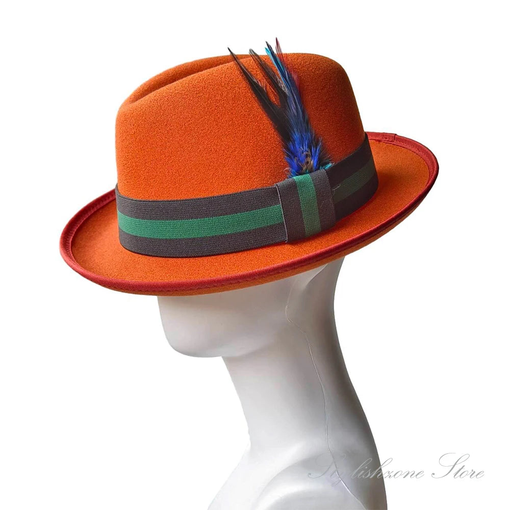 Men’s European & American Fedora – Small Top Winter Hat in Thickened Golden Velvet with Feather, Flipped Brim “Hamburger” Style