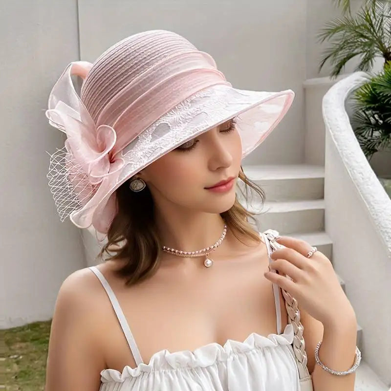 Elegant Ladies’ Lace Flower Bow Wide Brim Organza Hat – UV 50+ Sun Protection Derby Hat for Weddings, Tea Parties & Summer Events