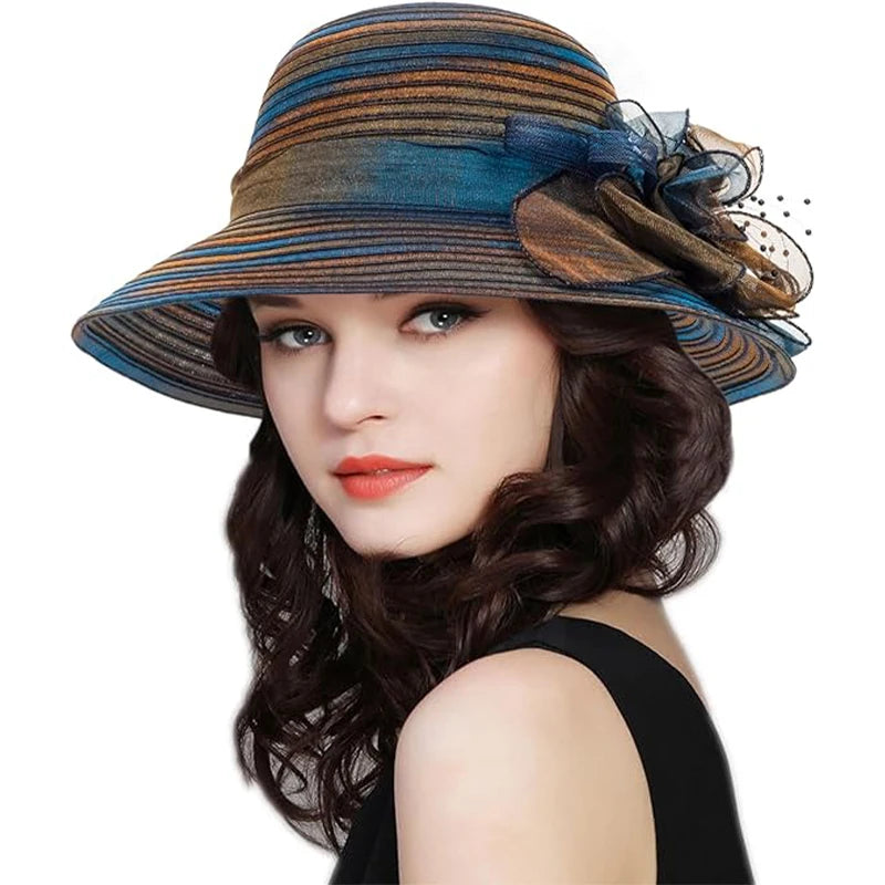 Elegant Floral Organza Church Wedding Hat for Women – Wide Brim Kentucky Derby Tea Party Hat with Adjustable Fit, Lightweight Summer Sun Hat