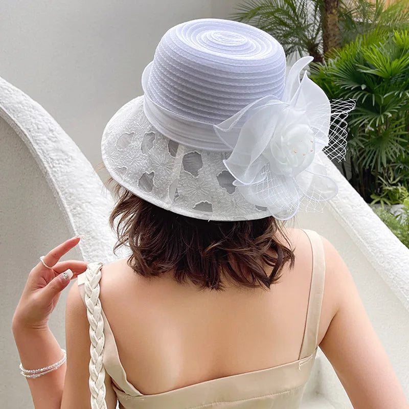 Elegant Ladies’ Lace Flower Bow Wide Brim Organza Hat – UV 50+ Sun Protection Derby Hat for Weddings, Tea Parties & Summer Events