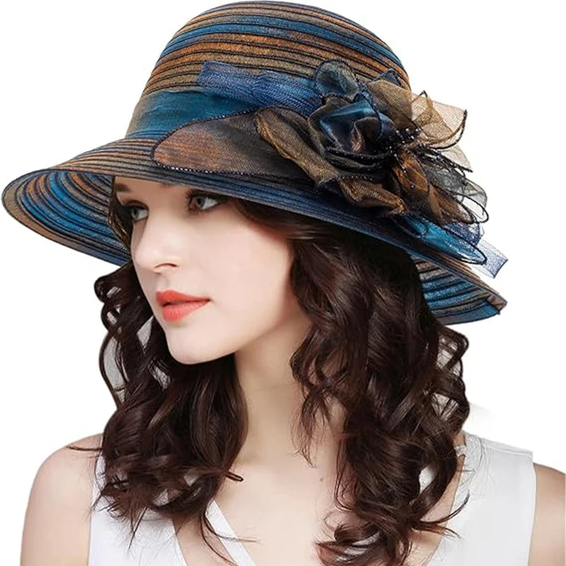 Elegant Floral Organza Church Wedding Hat for Women – Wide Brim Kentucky Derby Tea Party Hat with Adjustable Fit, Lightweight Summer Sun Hat