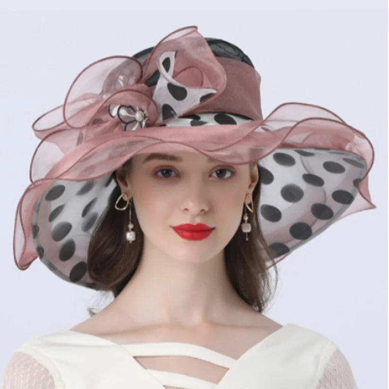 Elegant Women’s Organza Sun Hat – Vintage Wide Brim Fedora with Large Flower, Summer Church & Party Hat