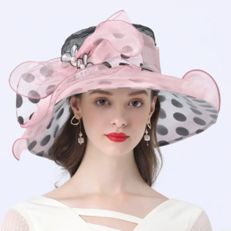 Elegant Women’s Organza Sun Hat – Vintage Wide Brim Fedora with Large Flower, Summer Church & Party Hat