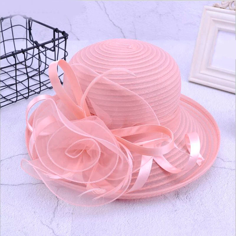 Elegant Satin Feather Women’s Sun Hat – Wide Brim UV Protection Summer Beach Cap for Wedding, Party, Church & Kentucky Derby