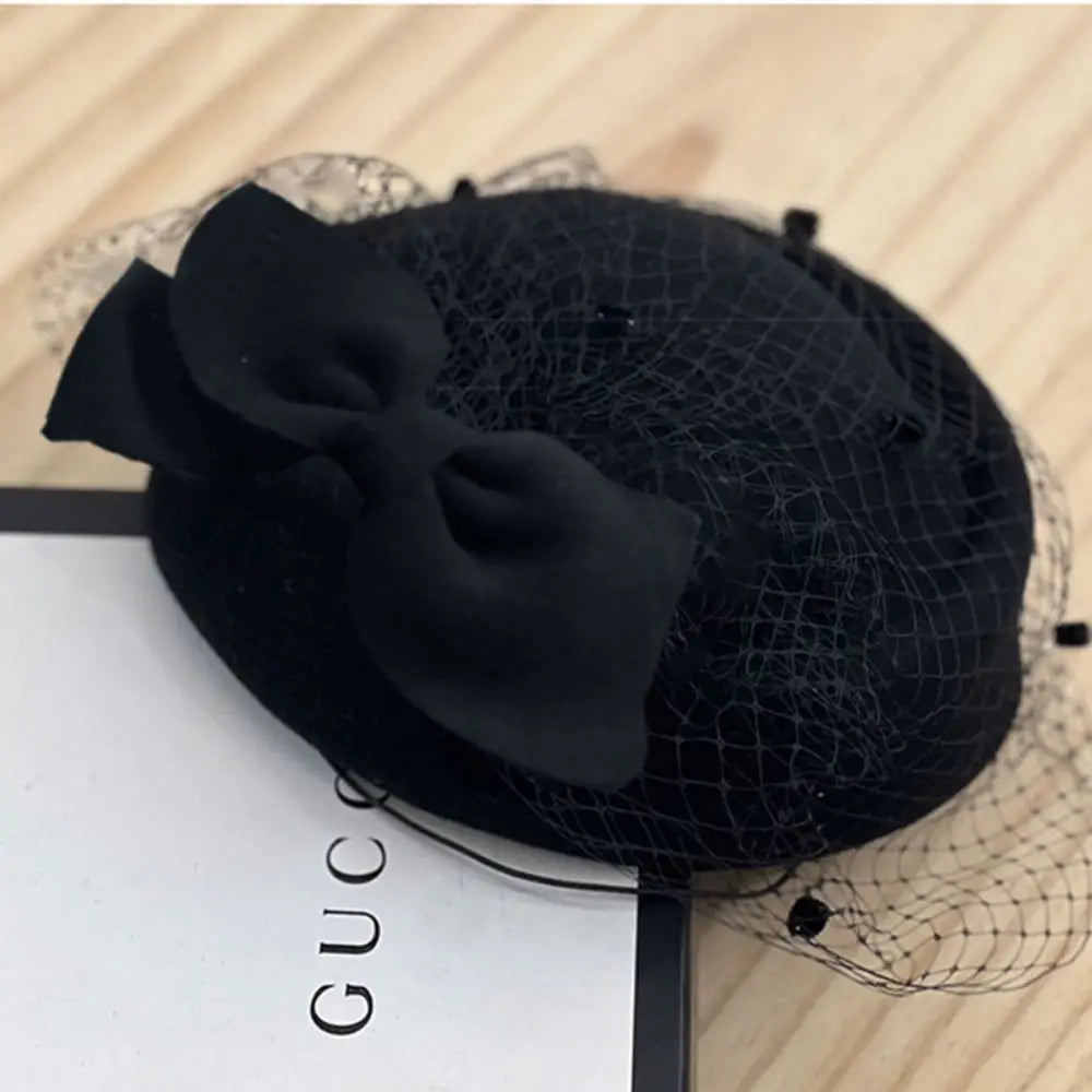 Elegant British Wool Fascinator Hat with Bow & Veil – Women’s Vintage Pillbox Hat for Weddings, Photography & Formal Events