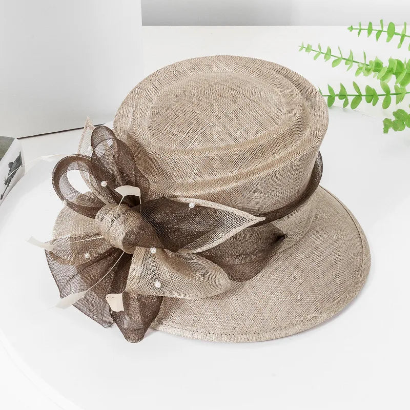 Elegant Court Sinamay Linen Wide Brim Hat for Women – Wedding, Church, Kentucky Derby & Party Fedora with Floral Detail, Ladies Formal Summer Headwear