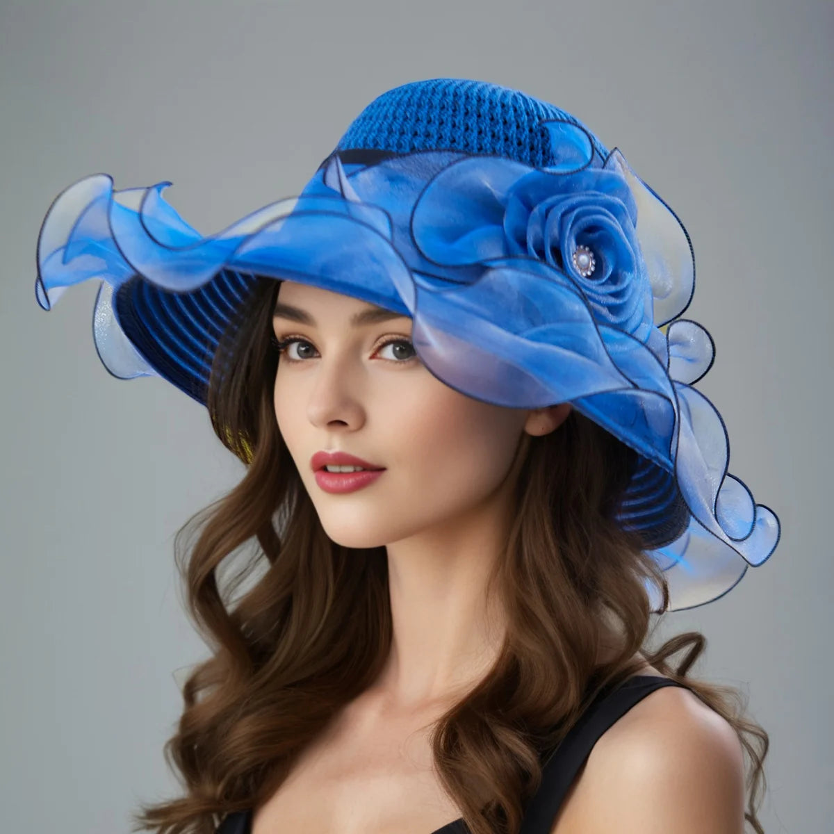 Elegant Women’s Summer Sun Hat – Breathable Foldable Organdy Hat with Woven Top & Flower Decoration