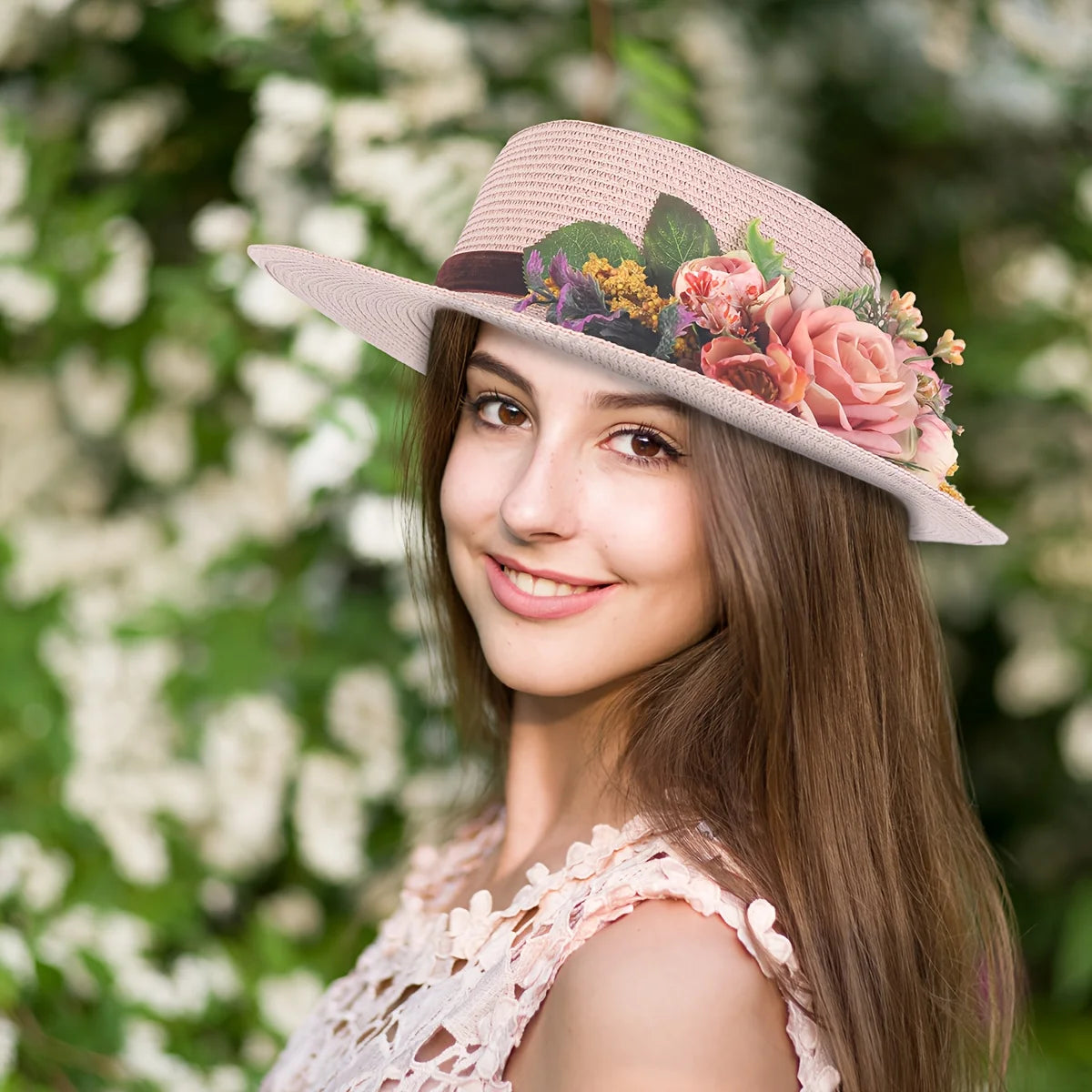 Elegant Straw Hat - Breathable, Sun-Protective, Solid Color Design with Delicate Floral -Top Fashion Accessory for Easter&Summer