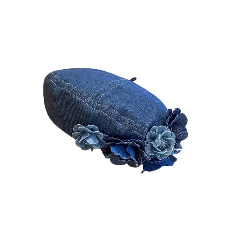 Ladies Denim Beret Hat – Vintage Retro Painter Cap with Floral Design, Casual Cowboy Style Luxury Spring & Autumn Hat for Women