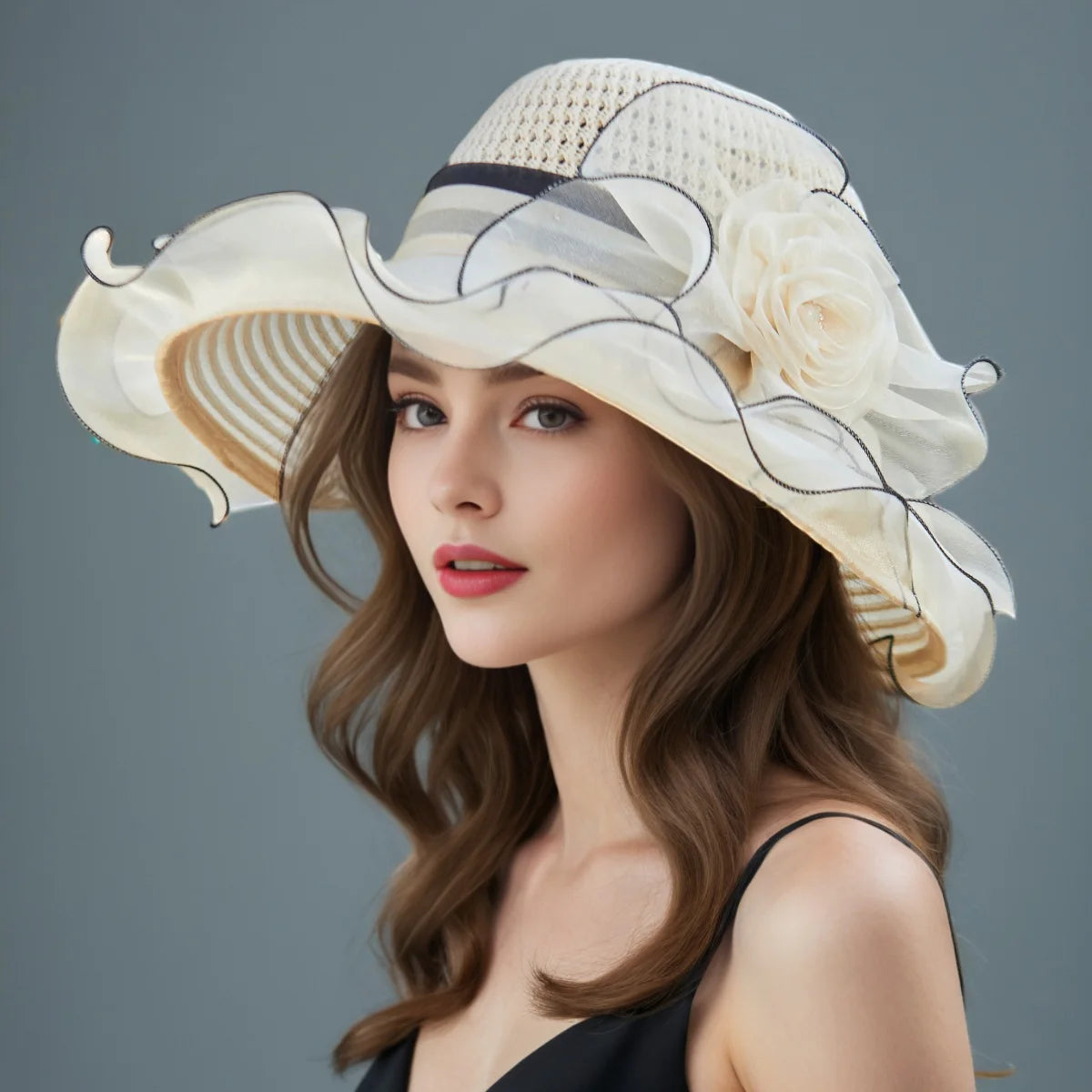 Elegant Women’s Summer Sun Hat – Breathable Foldable Organdy Hat with Woven Top & Flower Decoration