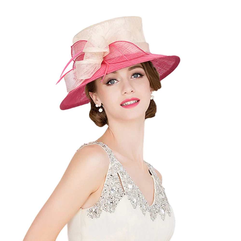 Pink Sinamay Flat Top Kentucky Derby Hat – Elegant Wedding Bridal Millinery, UV Protection Lightweight Linen Sun Cap for Women