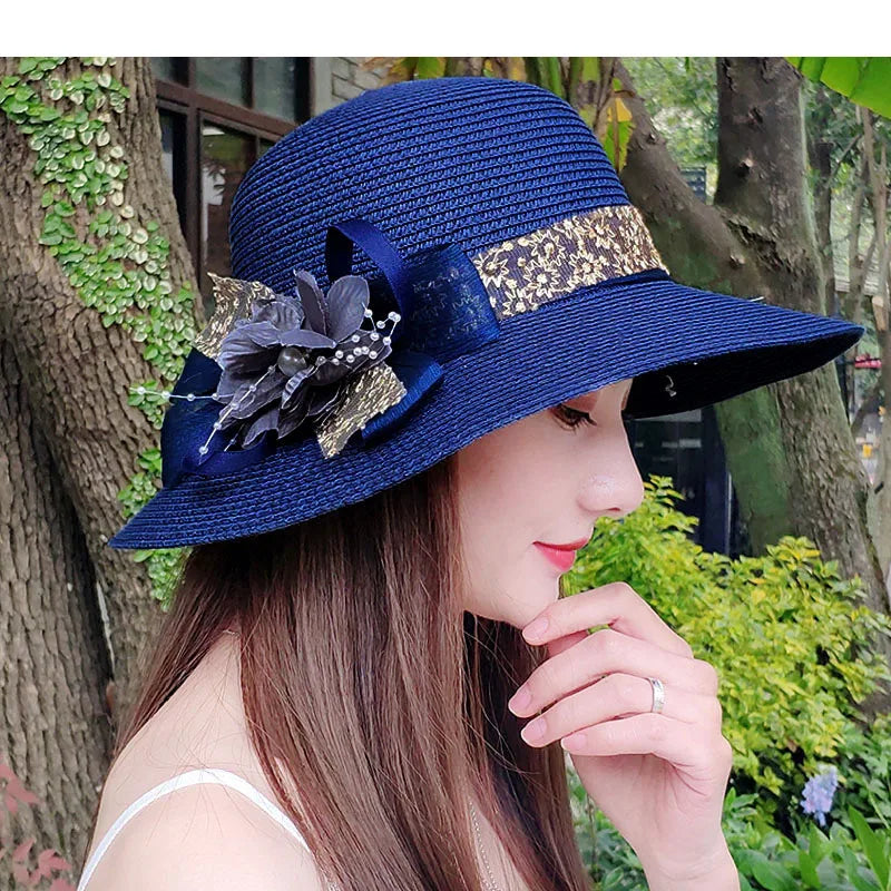 Fashion Women’s Summer Straw Sun Hat – Lace Bowknot & Flower Ribbon Flat Top Beach Bucket Cap Panama Style