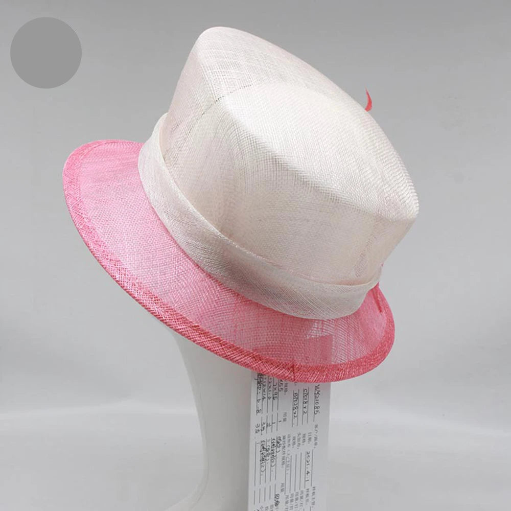 Pink Sinamay Flat Top Kentucky Derby Hat – Elegant Wedding Bridal Millinery, UV Protection Lightweight Linen Sun Cap for Women
