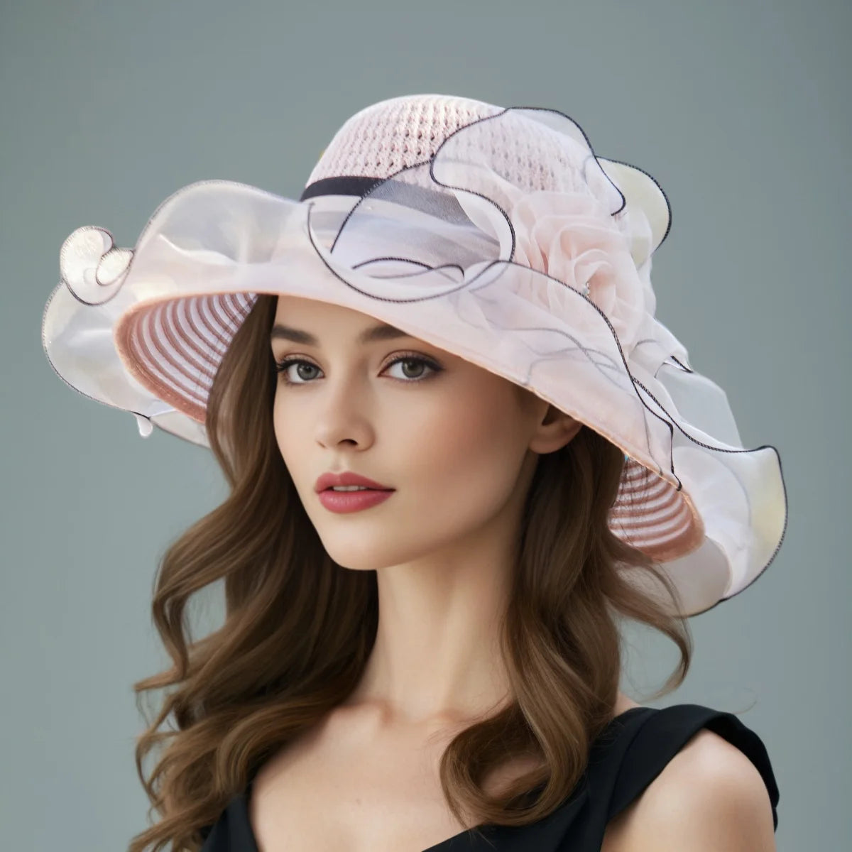 Elegant Women’s Summer Sun Hat – Breathable Foldable Organdy Hat with Woven Top & Flower Decoration