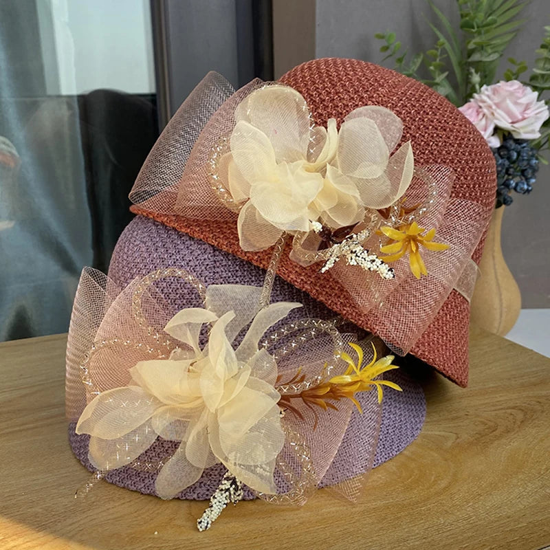 New Fashion Women’s Fedora Bowler Straw Hat – Spring Summer Breathable Flax Gauze with Elegant Flowers