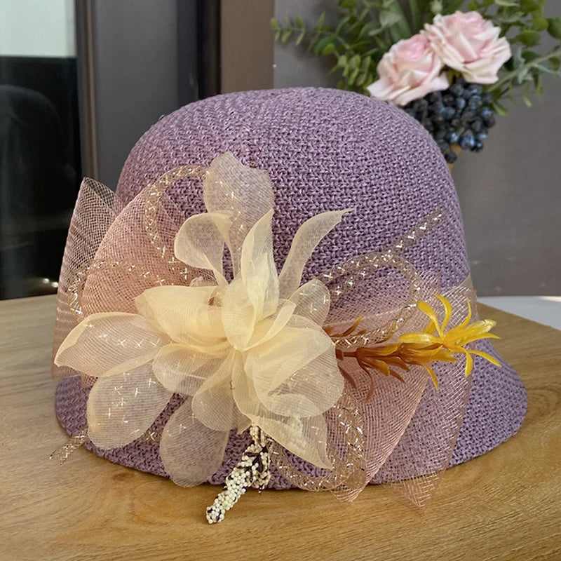New Fashion Women’s Fedora Bowler Straw Hat – Spring Summer Breathable Flax Gauze with Elegant Flowers