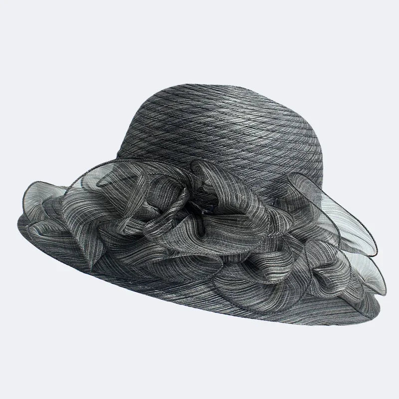 Women’s Summer Wide Brim Sun Hat – Elegant Organza Mesh Hat with Flower Decoration, Beach Vacation Sunshade Hat