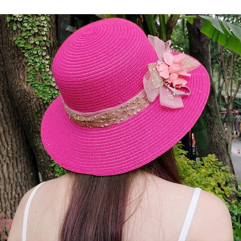 Fashion Women’s Summer Straw Sun Hat – Lace Bowknot & Flower Ribbon Flat Top Beach Bucket Cap Panama Style
