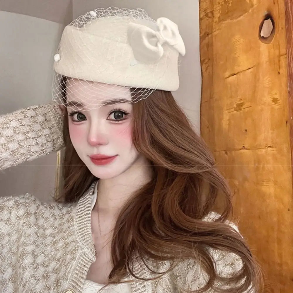 Elegant British Wool Fascinator Hat with Bow & Veil – Women’s Vintage Pillbox Hat for Weddings, Photography & Formal Events
