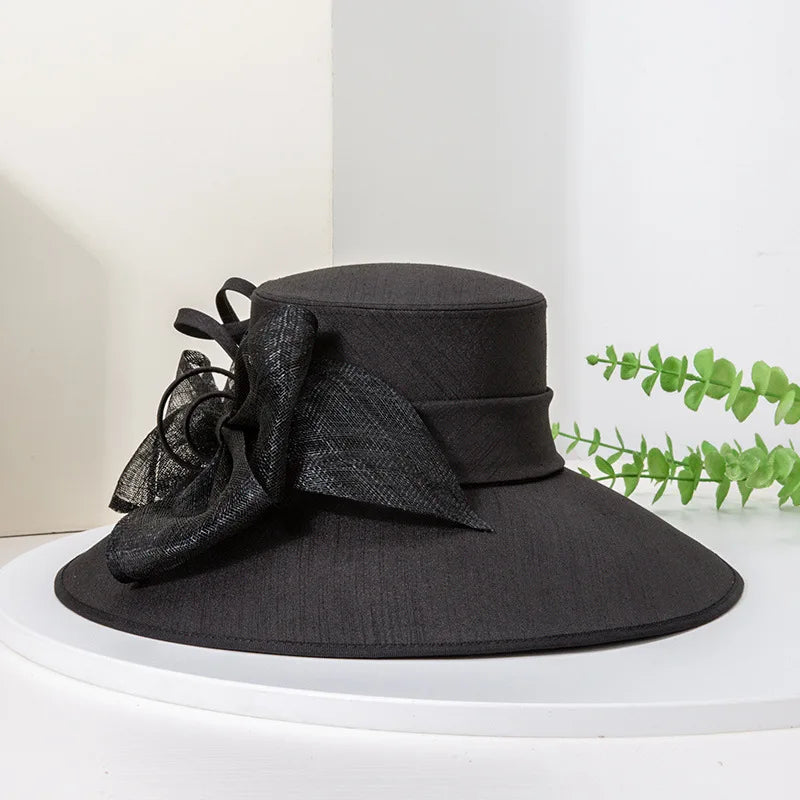 2025 Elegant Wide Brim Black Fedora for Women – Big Bow Formal Wedding Hat, Kentucky Derby Sun Hat, Flat Top Dress Hat for Cocktail Parties