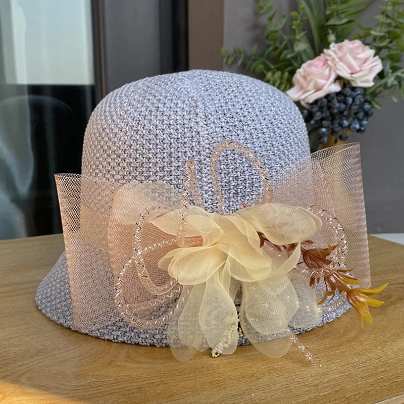 New Fashion Women’s Fedora Bowler Straw Hat – Spring Summer Breathable Flax Gauze with Elegant Flowers