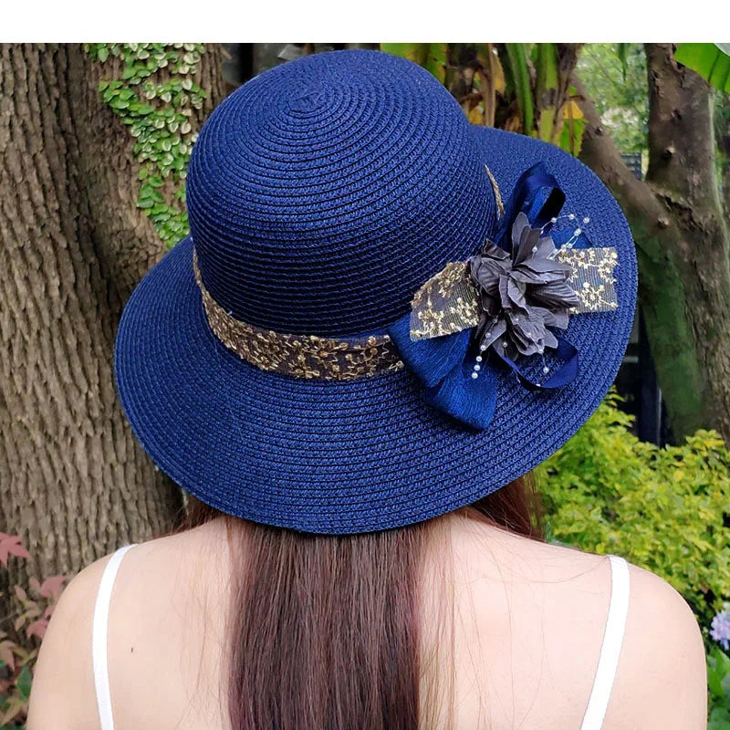 Fashion Women’s Summer Straw Sun Hat – Lace Bowknot & Flower Ribbon Flat Top Beach Bucket Cap Panama Style