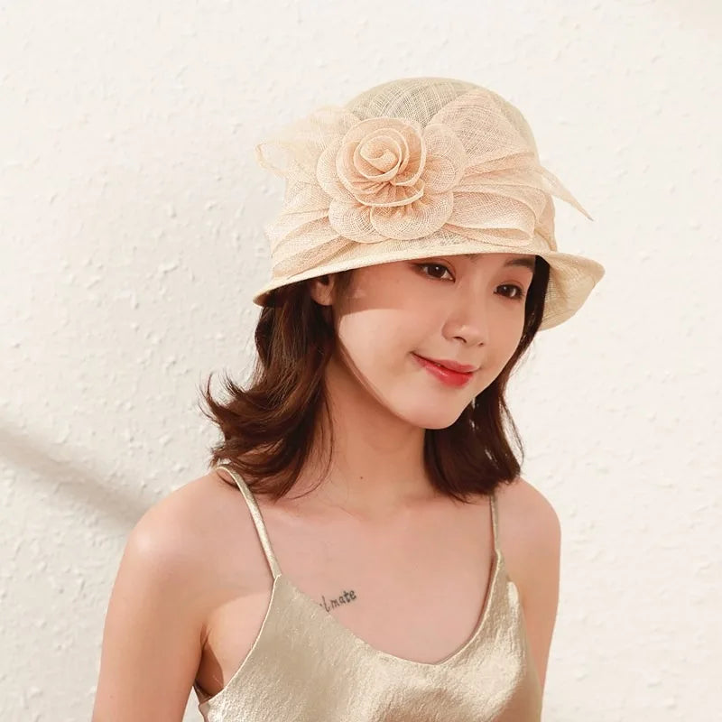 Elegant Court Linen Rose Fascinator Hat – Women’s Large Brim Summer Sun Hat for Weddings, Banquets, Kentucky Derby & Formal Events