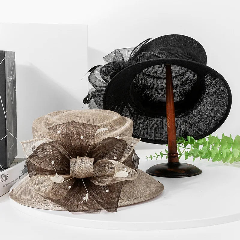 Elegant Court Sinamay Linen Wide Brim Hat for Women – Wedding, Church, Kentucky Derby & Party Fedora with Floral Detail, Ladies Formal Summer Headwear