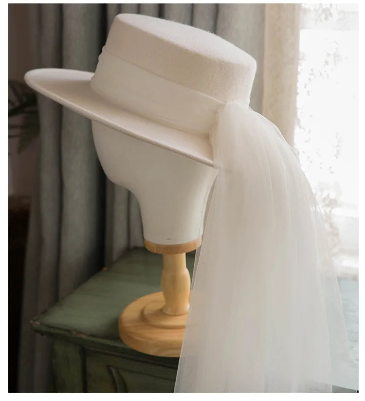 High-End Elegant Retro French Wool Top Hat – White Headdress for Weddings, Travel Photography & Special Occasions