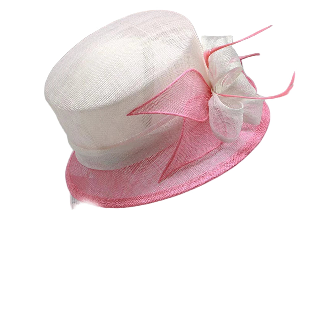 Pink Sinamay Flat Top Kentucky Derby Hat – Elegant Wedding Bridal Millinery, UV Protection Lightweight Linen Sun Cap for Women