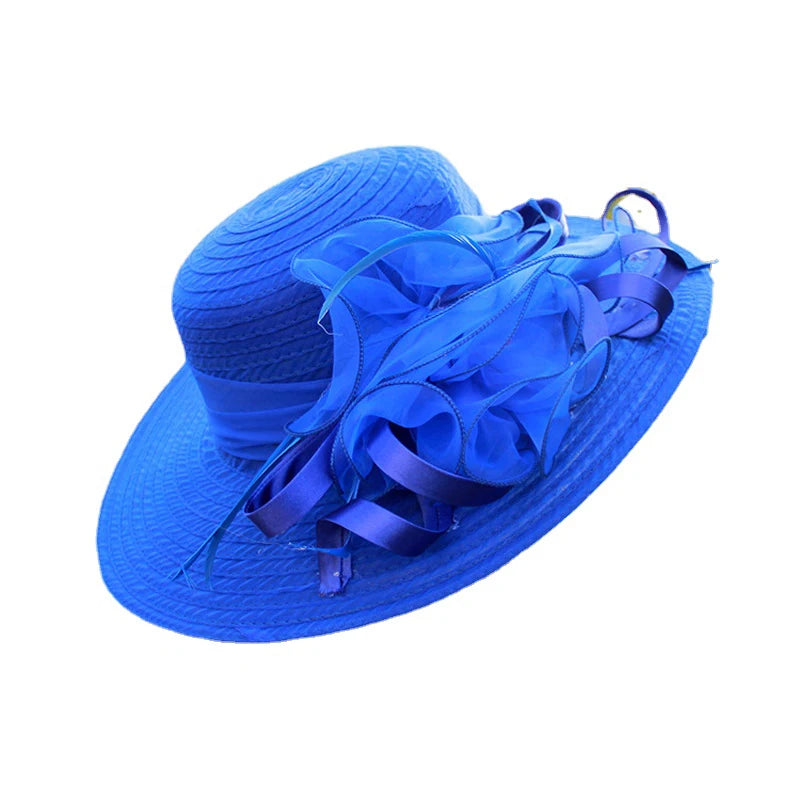 Spring Summer Women’s Mesh Organza Flower Hat – Elegant Wide Brim Dome Sun Hat for Weddings, Parties & Outdoor Fashion