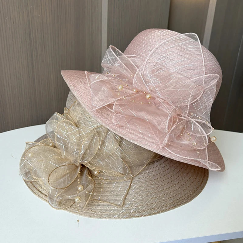 2025 Women’s Elegant Floral Organdy Sun Hat – Foldable Wide Brim Summer Beach Fedora Cap for Parties, Travel & Outdoor Wear