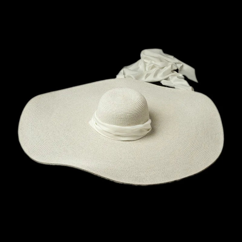 2025 Elegant Women’s Raffia Wide Brim Sun Hat with Long Ribbon – Oversized Dome Beach Hat for Travel, Vacation & UV Protection