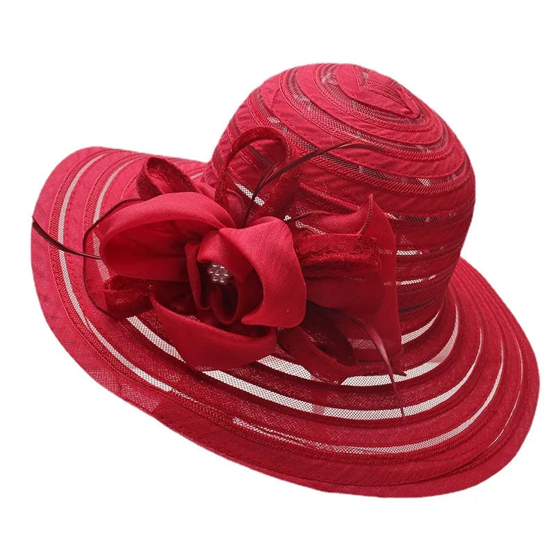 New Fashion Women’s Organza Sun Hat – Wide Brim Fedora with Big Flower, Elegant Wedding & Church Party Hat