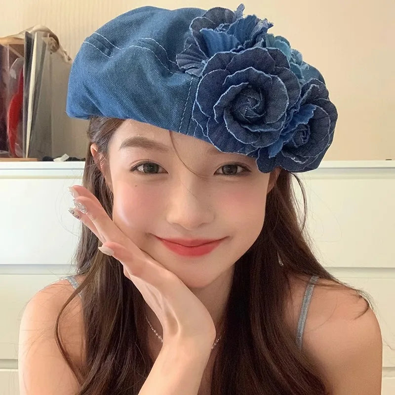 Ladies Denim Beret Hat – Vintage Retro Painter Cap with Floral Design, Casual Cowboy Style Luxury Spring & Autumn Hat for Women