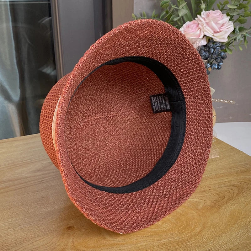 New Fashion Women’s Fedora Bowler Straw Hat – Spring Summer Breathable Flax Gauze with Elegant Flowers