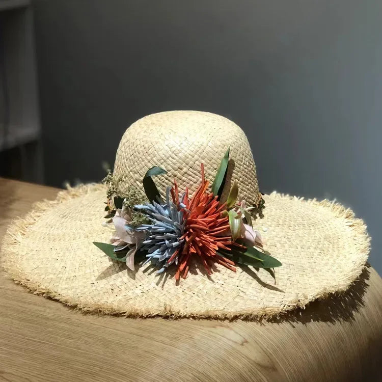 Women’s Large Brim Straw Hat – Oversized Flat Top Beach Hat with Floral Decoration, Elegant Travel & Holiday Fashion Accessory