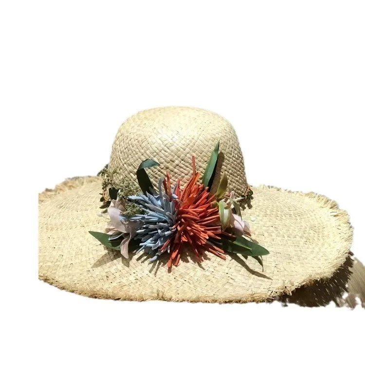 Women’s Large Brim Straw Hat – Oversized Flat Top Beach Hat with Floral Decoration, Elegant Travel & Holiday Fashion Accessory