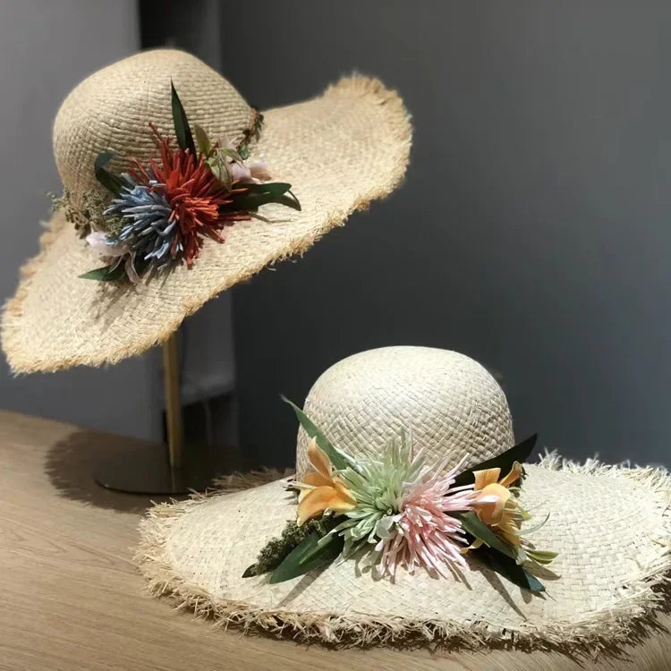 Women’s Large Brim Straw Hat – Oversized Flat Top Beach Hat with Floral Decoration, Elegant Travel & Holiday Fashion Accessory