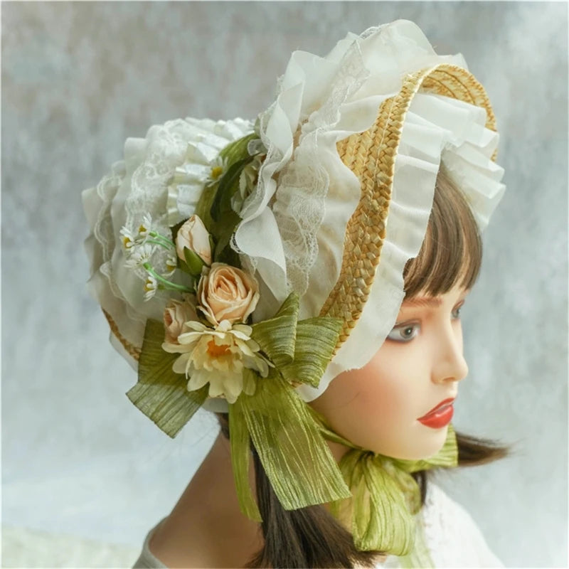 Handmade Lace Straw Sun Hat – Elegant Ribbon Wide Brim Hat for Women, Lolita Fashion Tea Party, Summer Beach & Travel