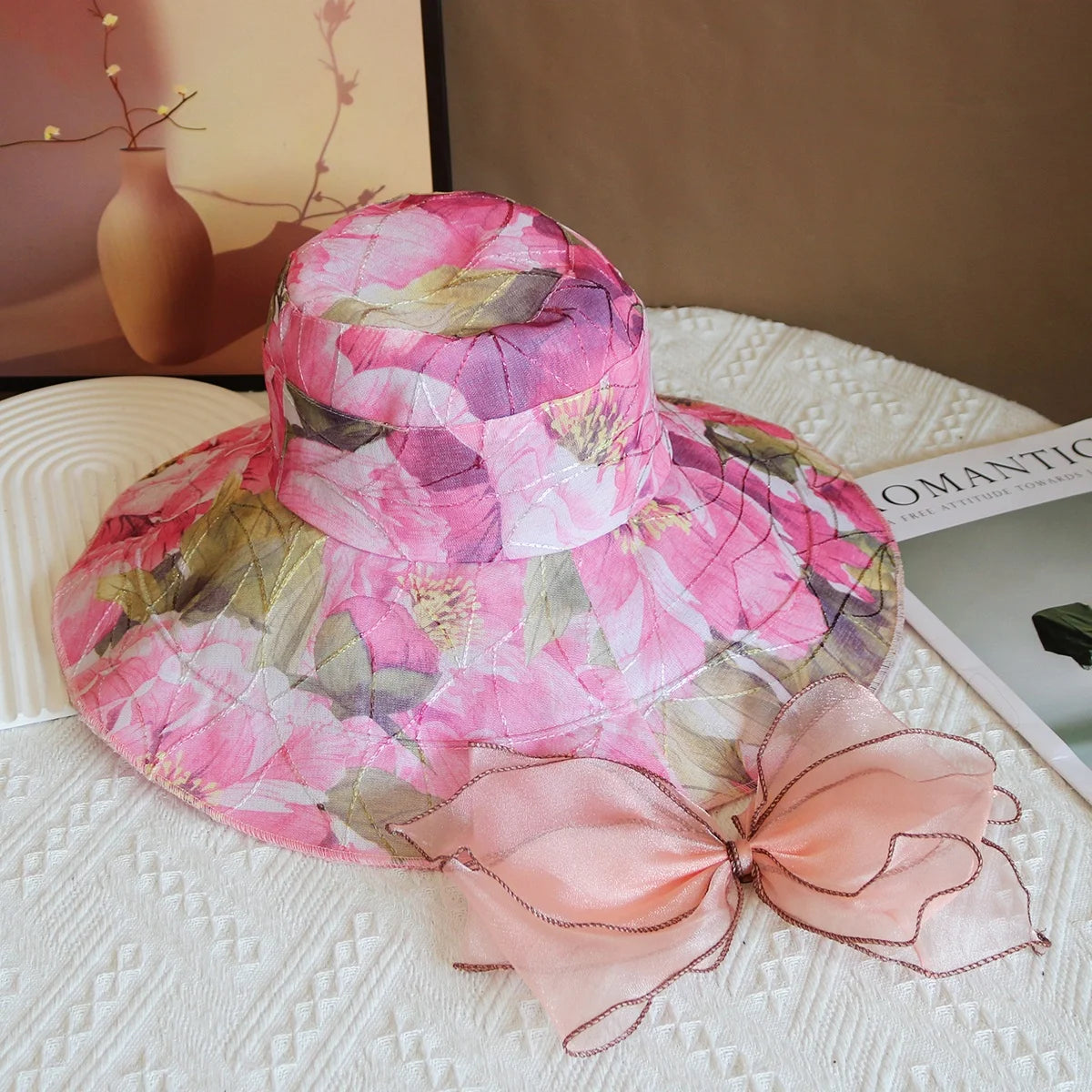 Hot Sale Women’s Summer Beach Hat – Big Brim Sunshade Panama Bucket Hat with Floral Print