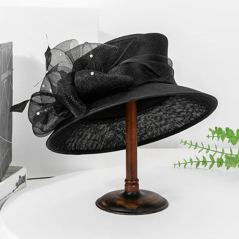 Elegant Court Sinamay Linen Wide Brim Hat for Women – Wedding, Church, Kentucky Derby & Party Fedora with Floral Detail, Ladies Formal Summer Headwear